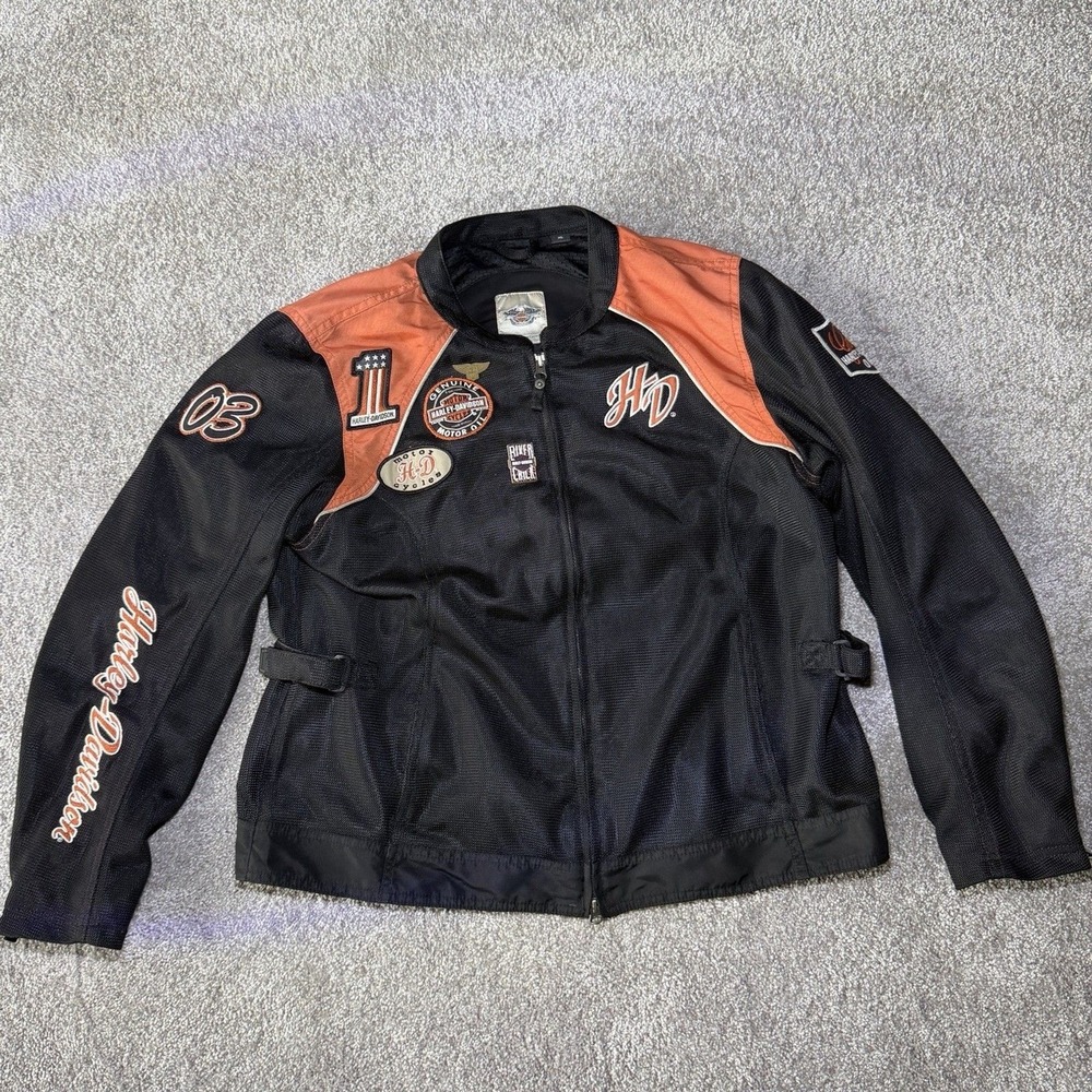 Harley-Davidson Womens Black Orange Mesh Riding Jacket Patches Pins XL